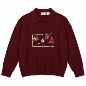 Vtg Grannycore Bonnie Evans Burgundy Collared Sweatshirt Birdhouse Embroidery L